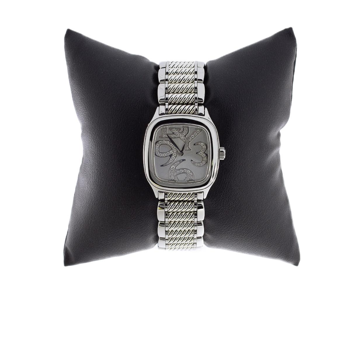 Product Details:
Estimated Retail:  $7,500.00
Condition: Pre Owned
Brand: David Yurman
Collection: Thoroughbred
Case Material: Stainless Steel
Gender: Women's
MPN: T304-XS
Movement: Quartz Battery
Face Color: Silver
Band Type: Bracelet
Case Size: