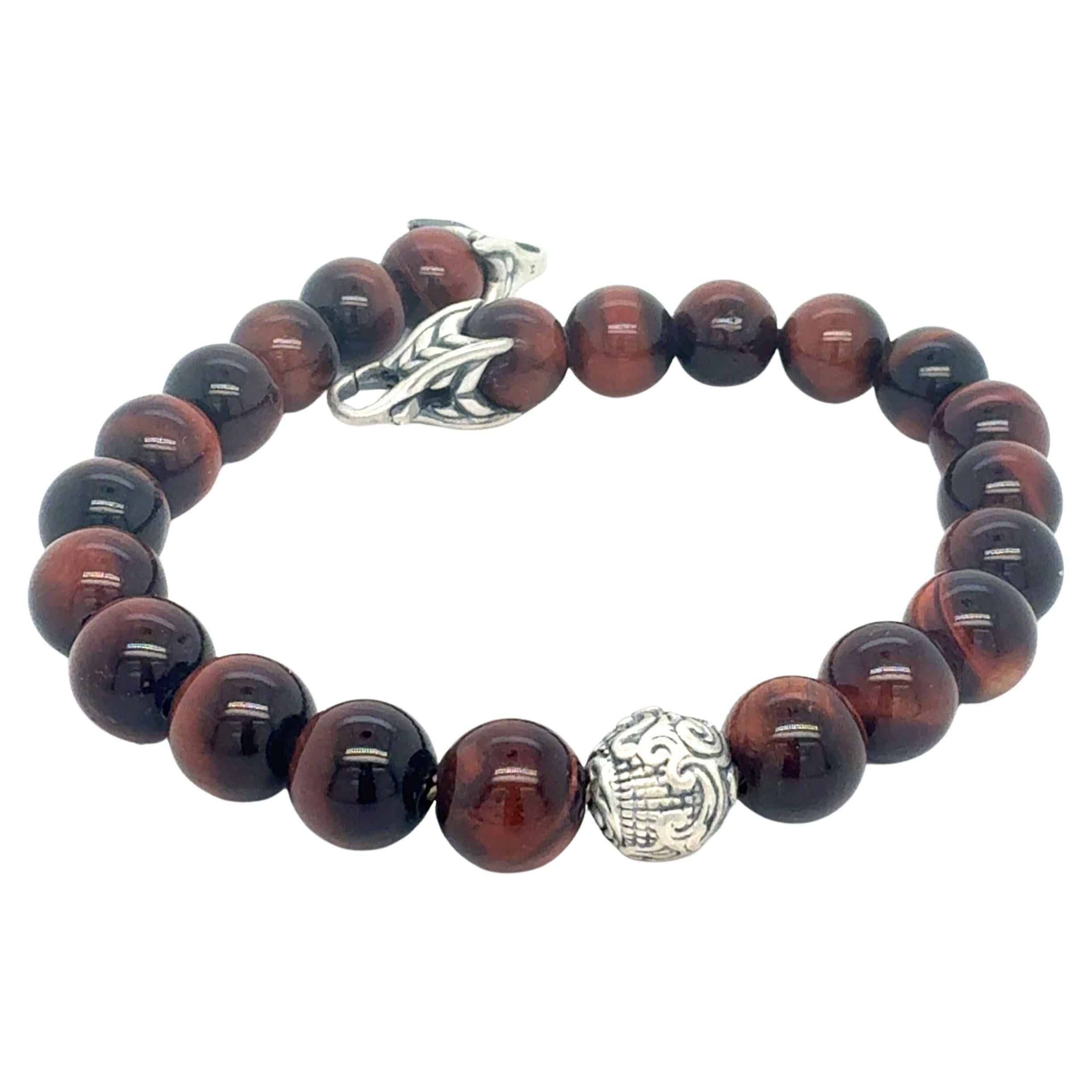 David Yurman Tigerauge geschnitztes Kugelarmband 8" 8 mm Sterlingsilber Nachlass im Angebot