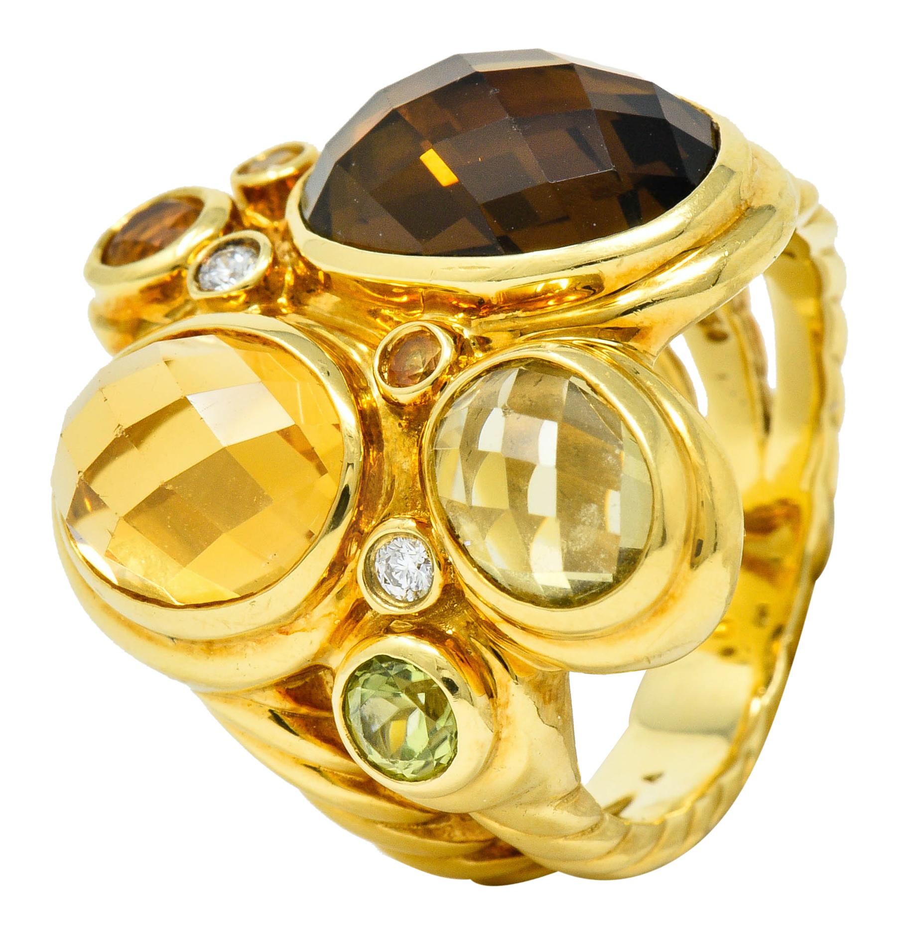 Women's or Men's David Yurman Topaz Citrine Multi-Gem 18 Karat Gold Mosaic Cluster Ring