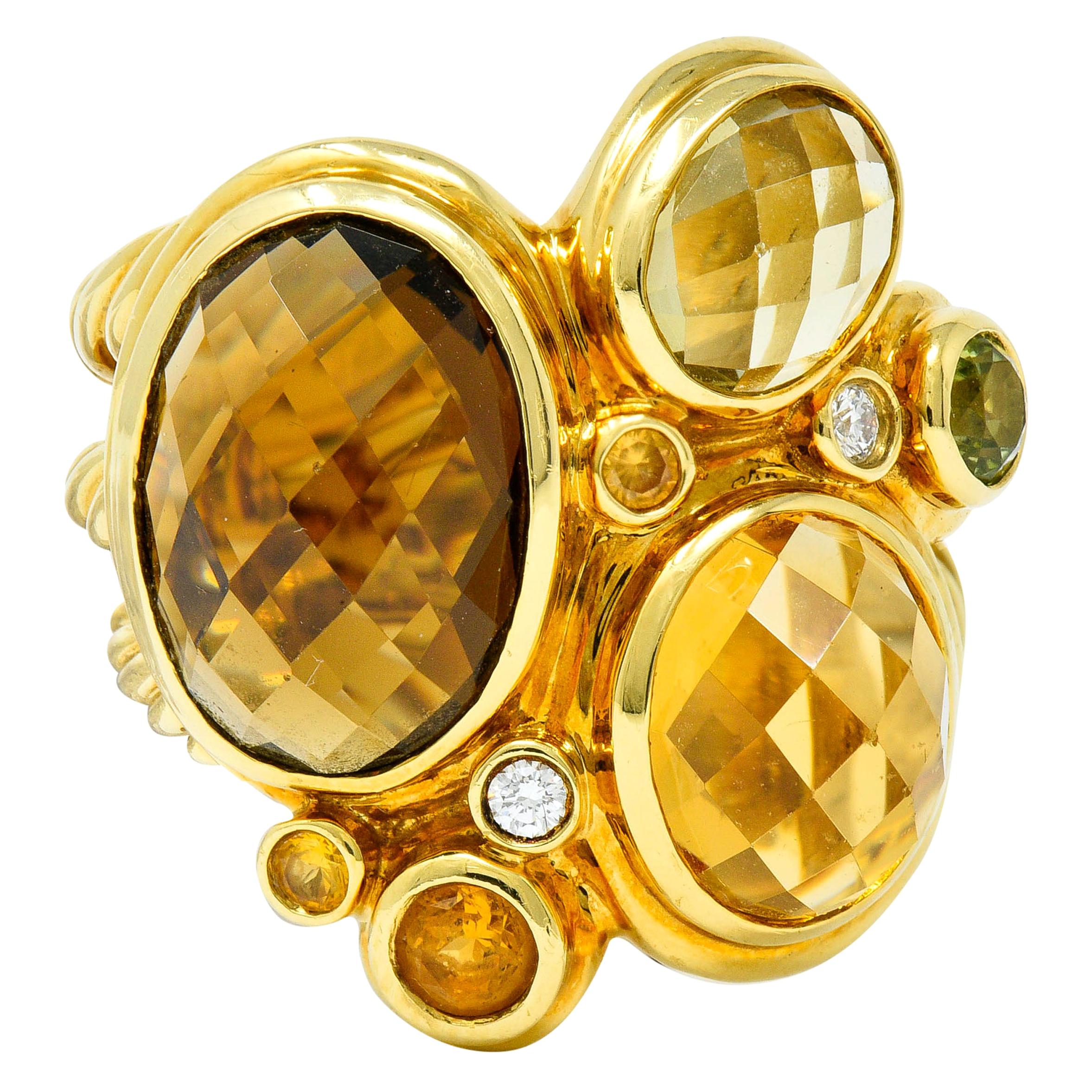 David Yurman Topaz Citrine Multi-Gem 18 Karat Gold Mosaic Cluster Ring
