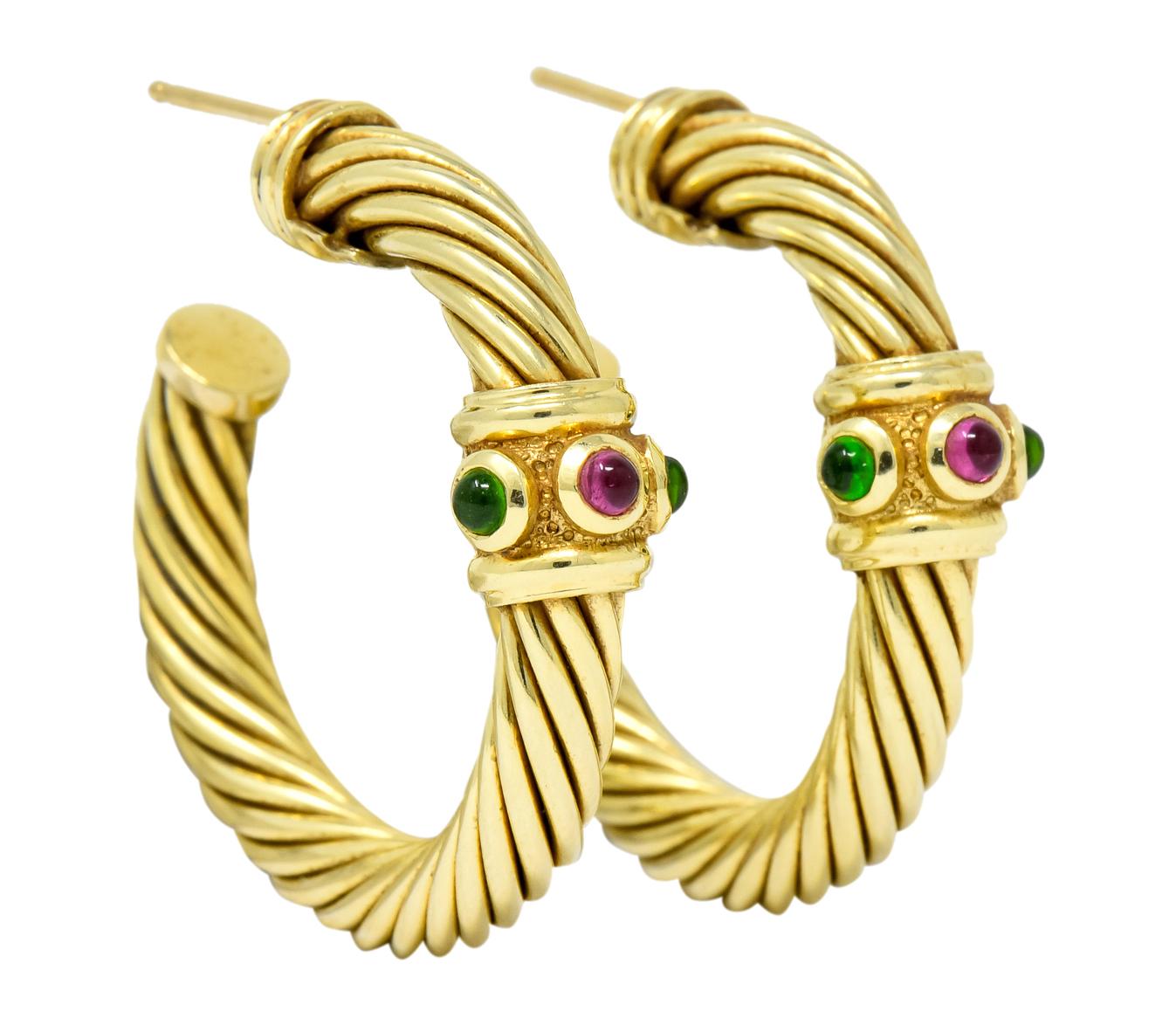 Contemporary David Yurman Tourmaline Rhodolite Garnet 14 Karat Yellow Gold Hoop Earrings