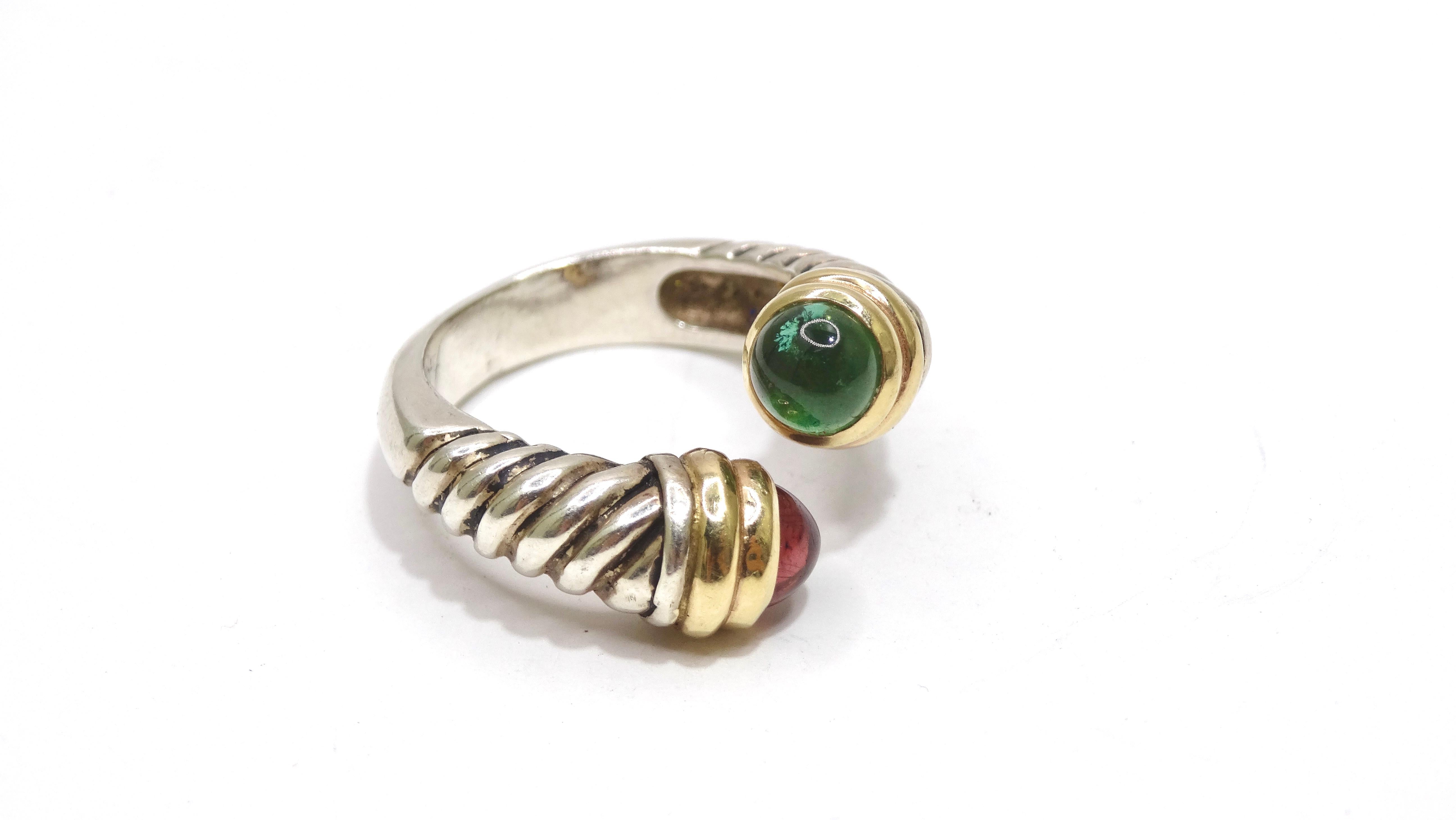 Calling David Yurman collectors! This beautifully designed ring may just be your next favorite. Featuring a pink and green Tourmaline, silver, and 18k gold. Has a wrapped shape that will add an interesting twist to your jewelry layering. Layer this