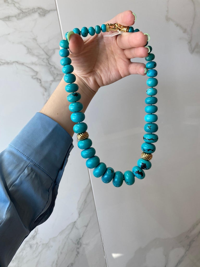 David Yurman Turquoise Bead Necklace with 18 Karat Yellow Gold
