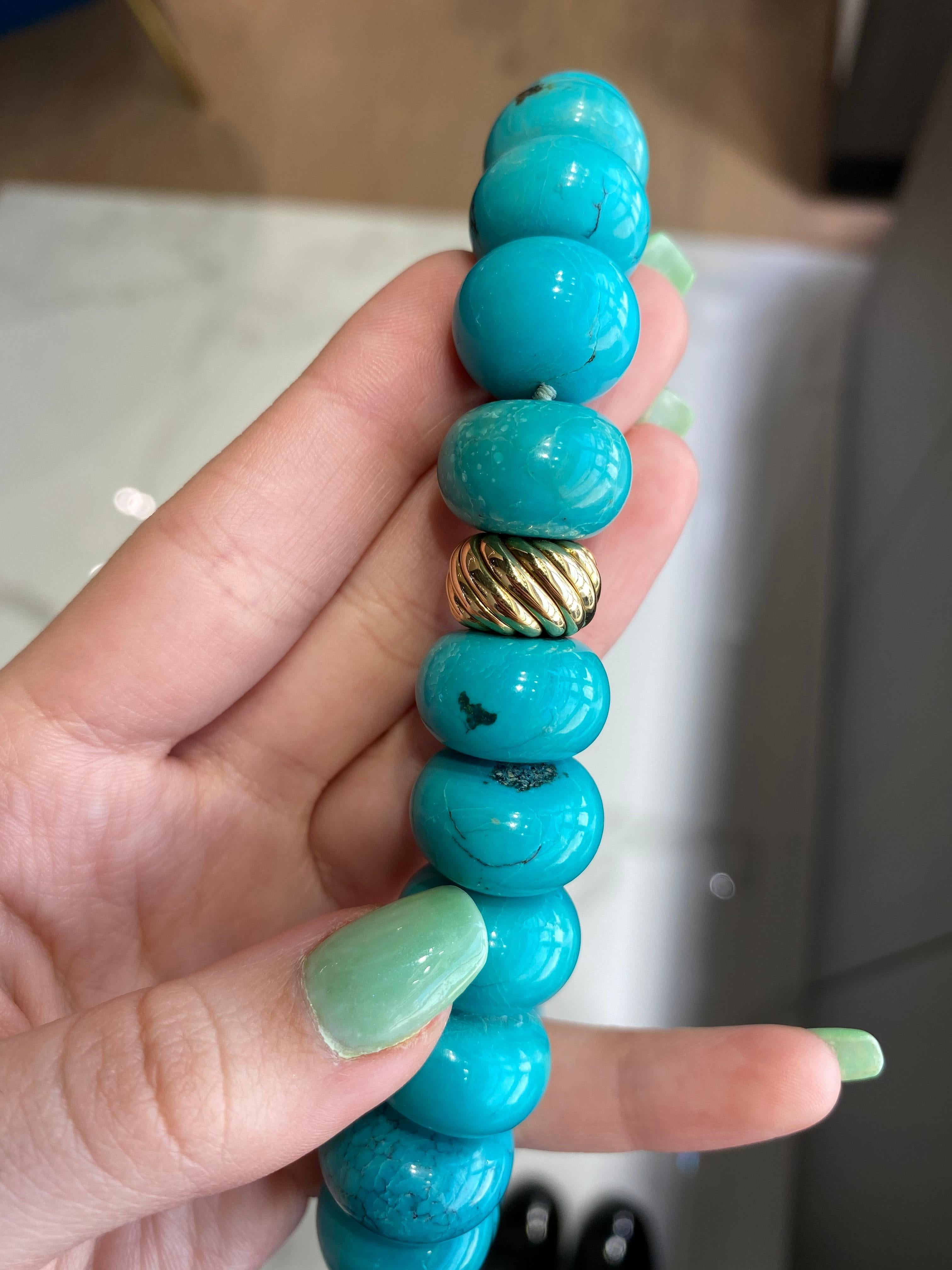 David Yurman Turquoise Bead Necklace with 18 Karat Yellow Gold In Excellent Condition In Houston, TX