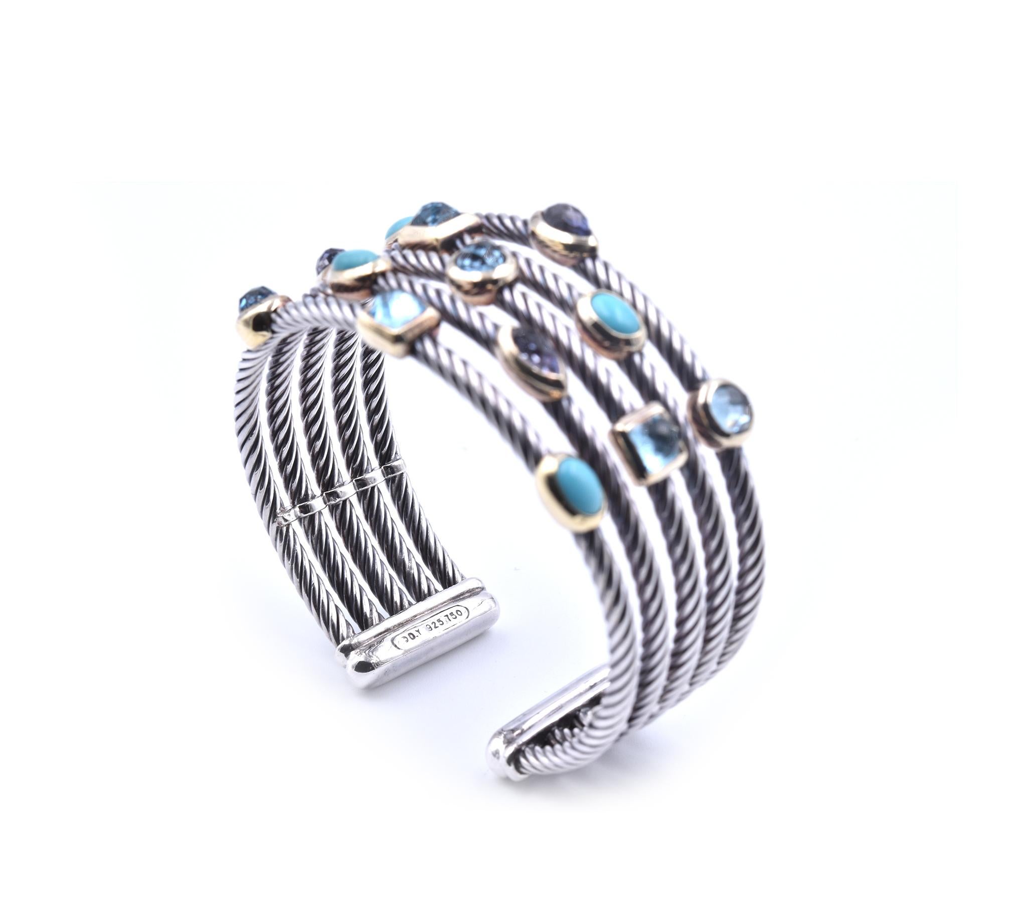 David Yurman Turquoise, Blue Topaz and Iolite Two-Tone 5 Cable Cuff Bracelet In Excellent Condition In Scottsdale, AZ