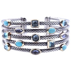 David Yurman Turquoise, Blue Topaz and Iolite Two-Tone 5 Cable Cuff Bracelet