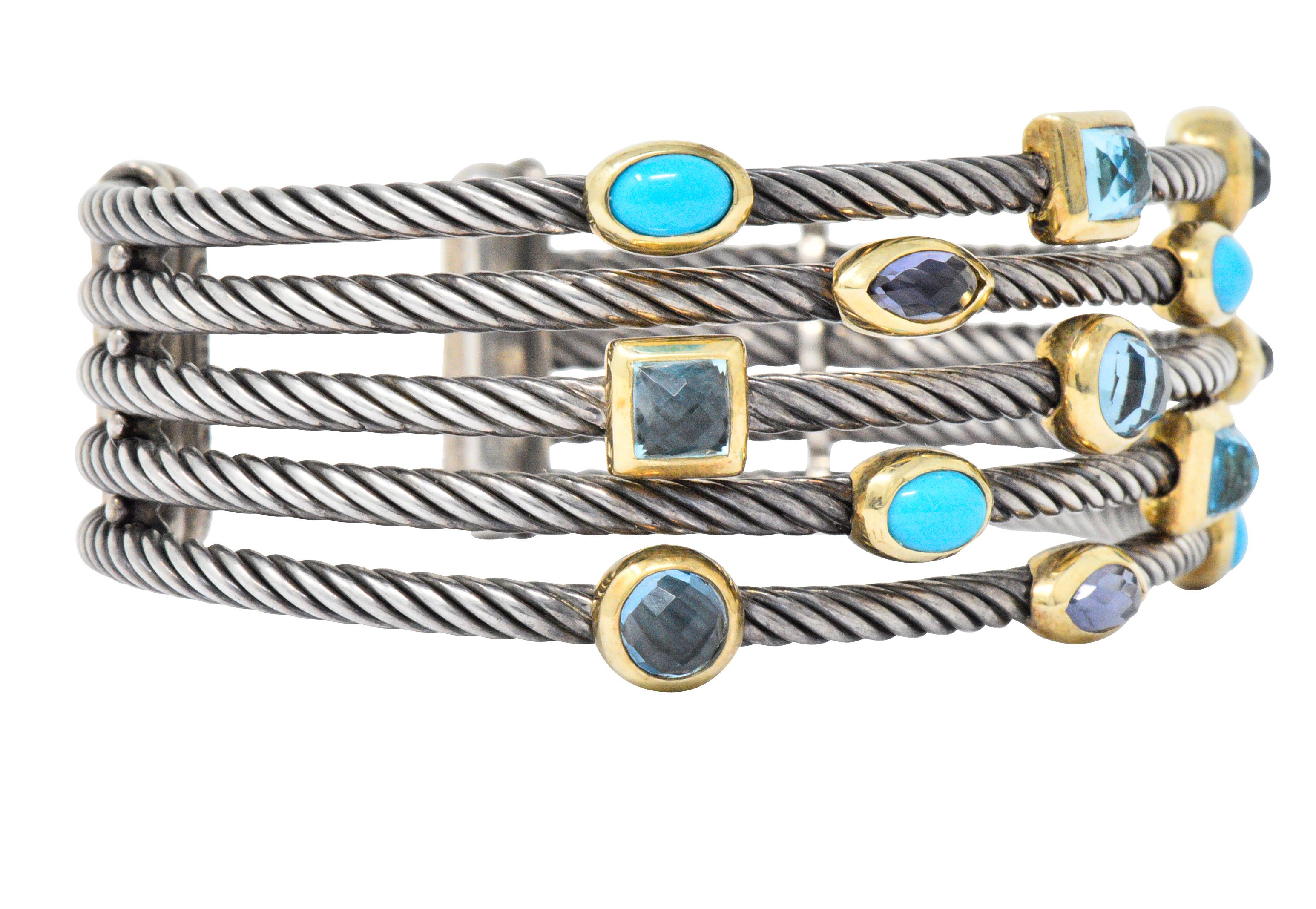 Contemporary David Yurman Turquoise Topaz Iolite Sterling Silver 18 Karat Gold Confetti Cuff