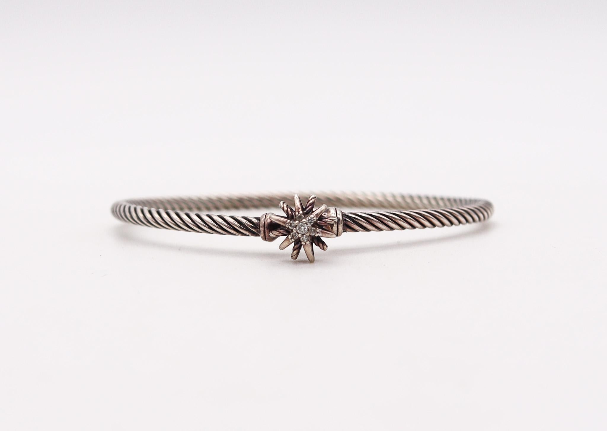 Modern David Yurman Twisted Starburst Bangle Bracelet in 925 Sterling Silver & Diamonds