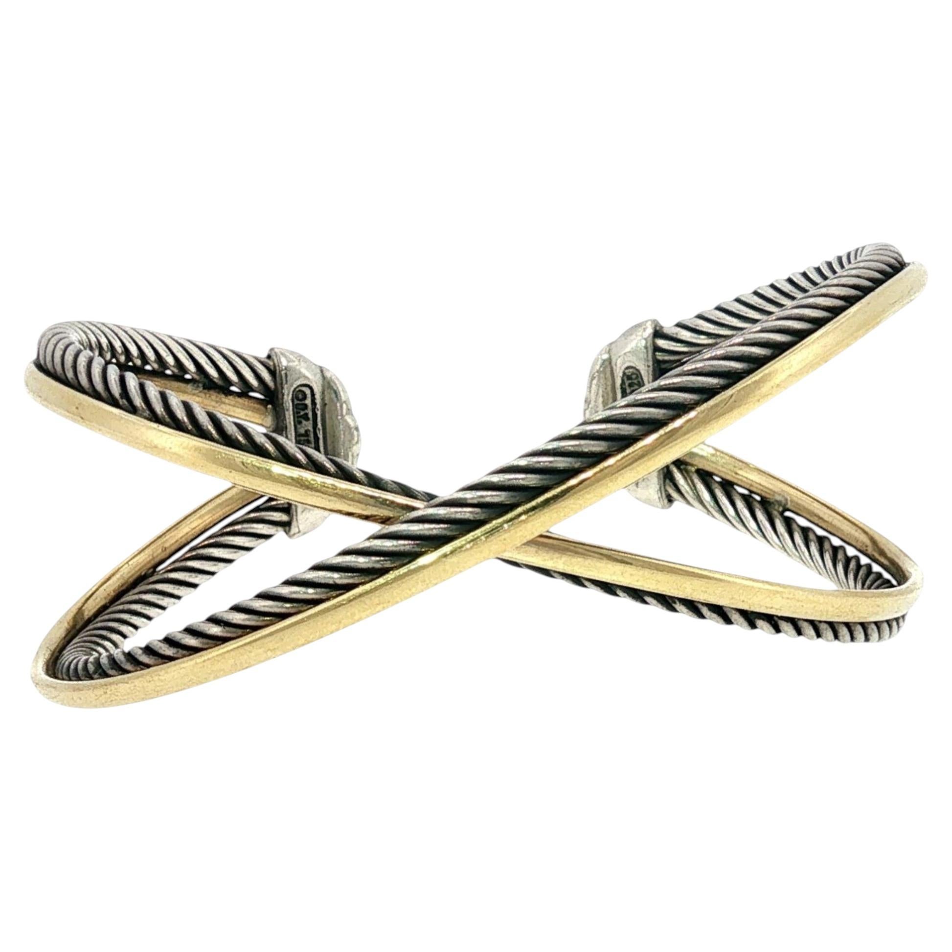 David Yurman Two Row Crossover Bracelet Sterling Silver 18K Yellow Gold For Sale