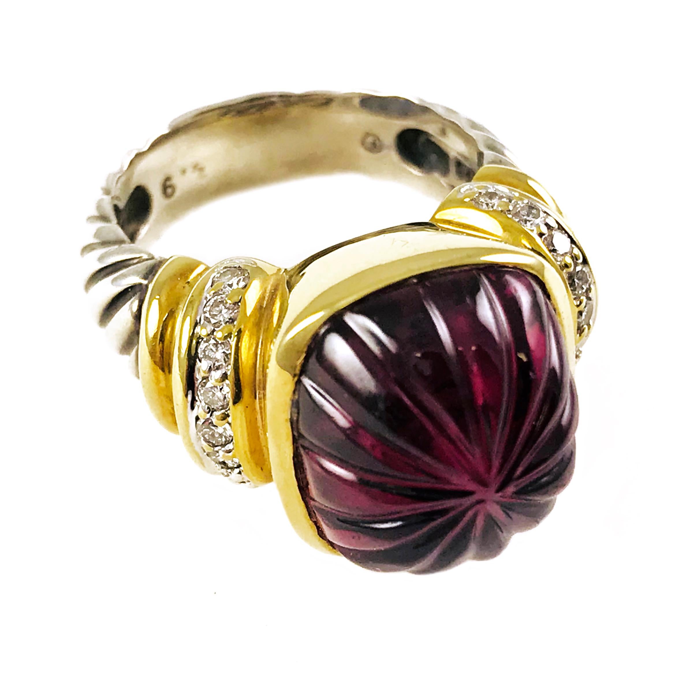 David Yurman Two-Tone 18k yellow gold and silver ring. DY logo mark on one side of the ring and Yurman's signature silver cable band shank with a 15mm x 15mm purple fantasy cut Amethyst. Round bead set diamonds on both sides totaling 0.36 carat