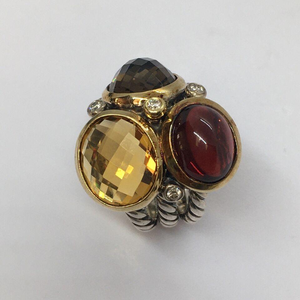 David Yurman Two-Tone Garnet Citrine Smoky Quartz  Diamond Mosaic Cocktail  Ring

Sterling Silver & 18K gold

Four pieces of Diamond 0.10 Carat Diamond Total Weight 

No damage, no evidence of repairs, see pictures

Finger size 6 

Hallmarked, see