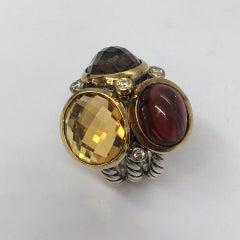 David Yurman Two-Tone Garnet Citrine Smoky Quartz Diamond Mosaic Cocktail Ring