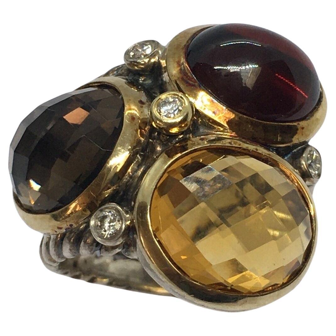 David Yurman Two-Tone Garnet Citrine Smoky Quartz Diamond Mosaic Cocktail Ring For Sale
