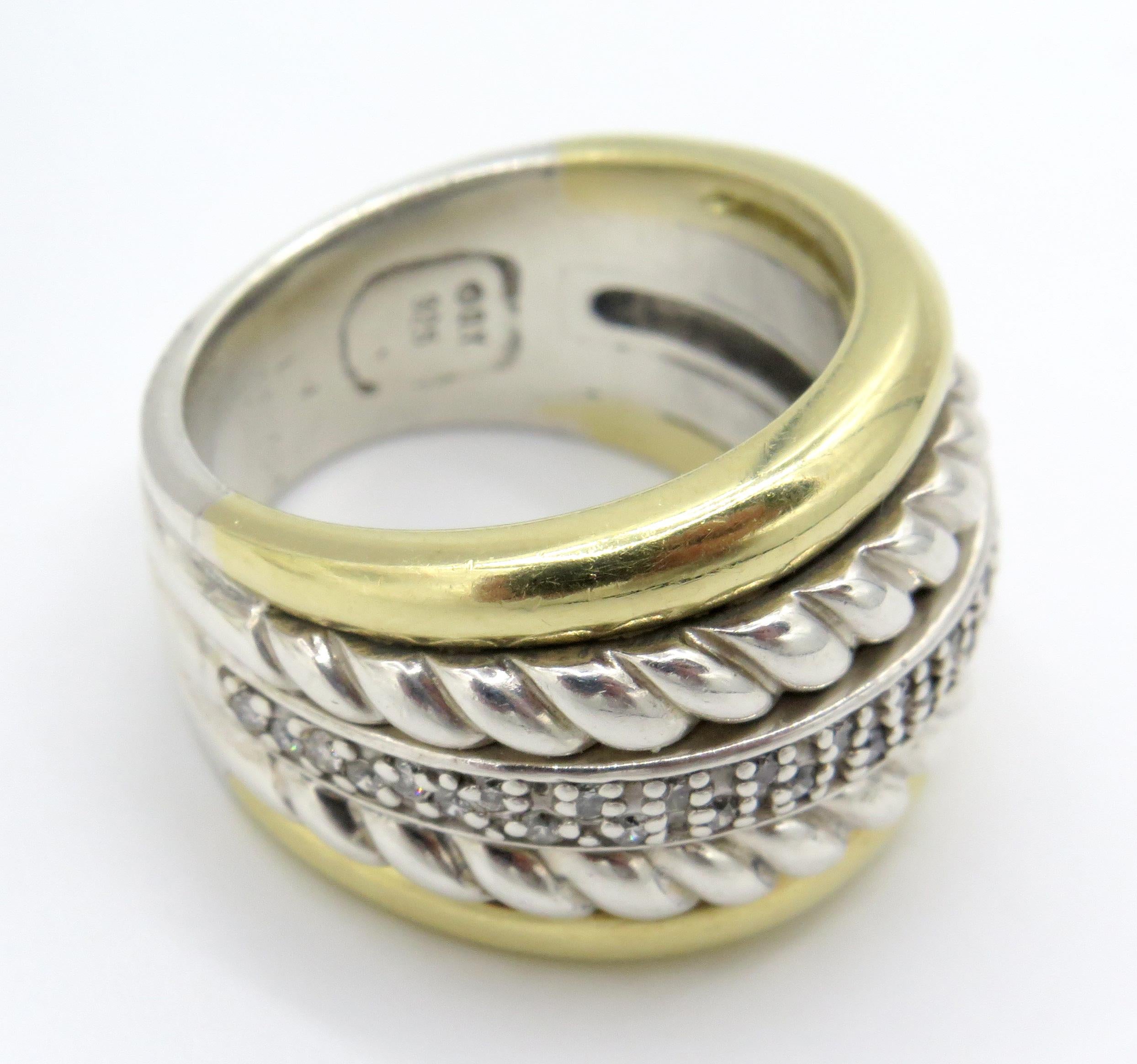 David Yurman Two-Tone Gold 925 Sterling Silver Diamond Ring In Excellent Condition In West Palm Beach, FL