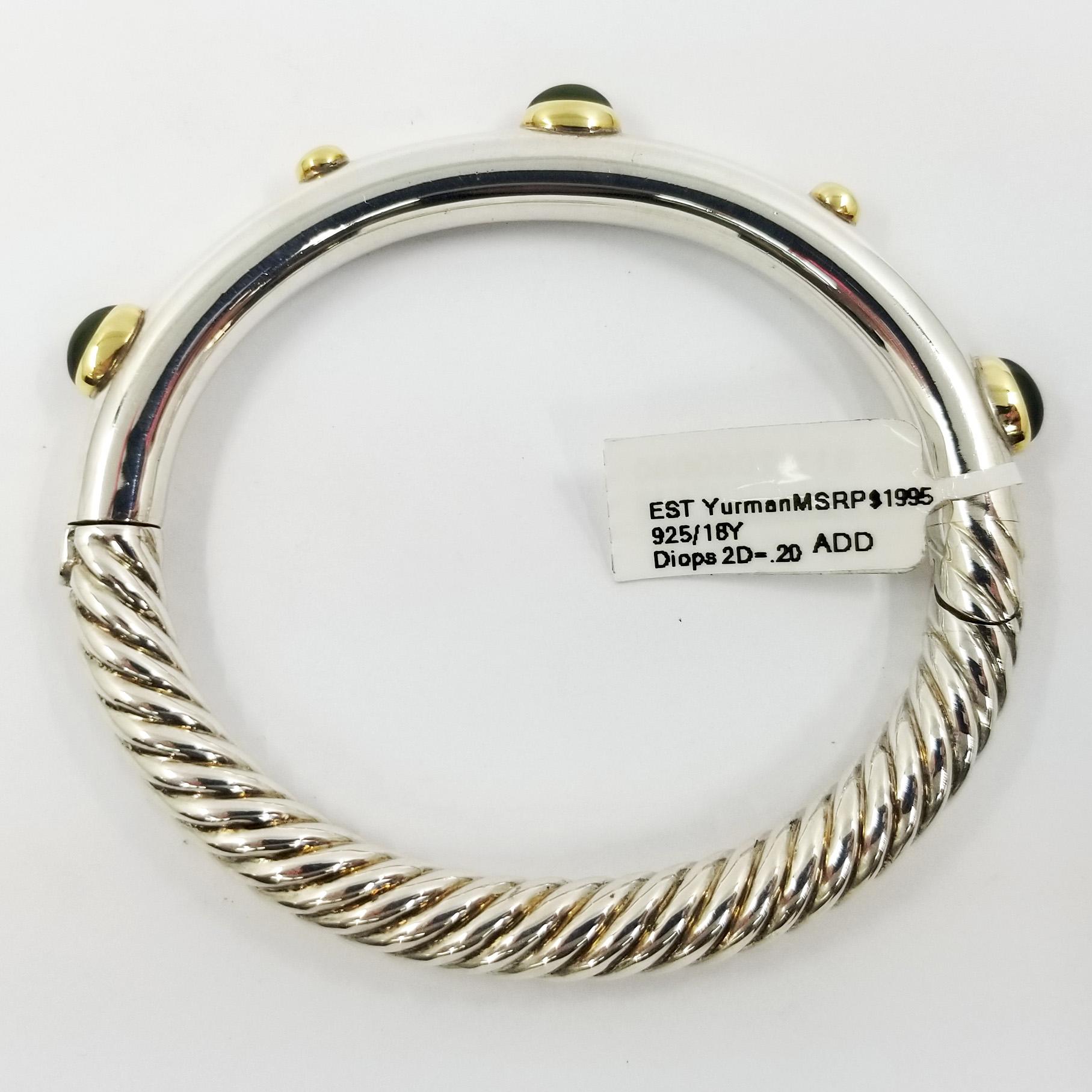 Sterling Silver and 18 Karat Yellow Gold Bracelet, stamped 750 by designer David Yurman. The hinged bangle features 3 bezel set Green Tourmaline cabochons & 2 bezel set Round Diamonds totaling 0.20 carats. Original MSRP approximately $1,995.