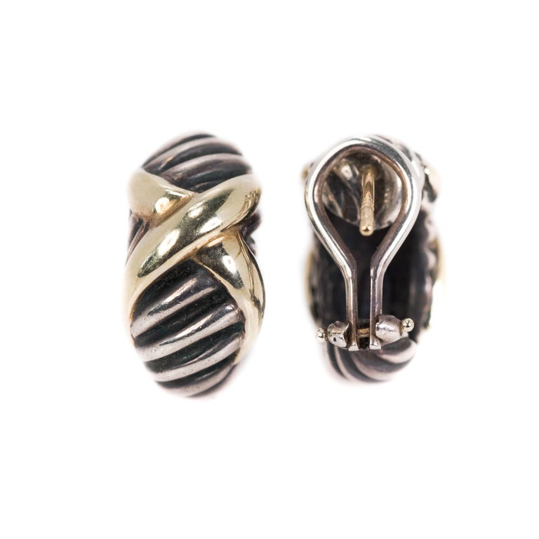 David Yurman TwoTone Sterling Silver, 14k Yellow Gold Cable Clip On Earrings For Sale at
