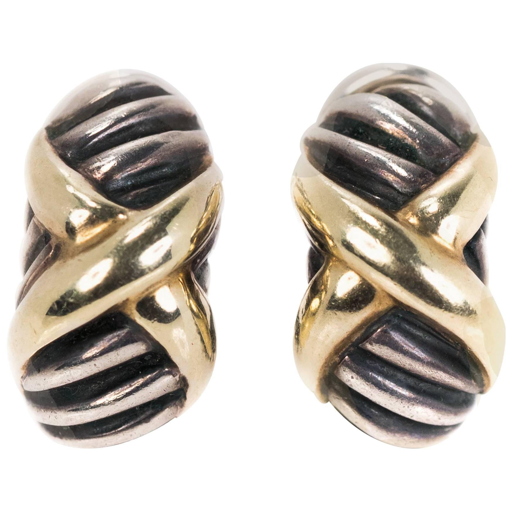 David Yurman Two-Tone Sterling Silver, 14k Yellow Gold Cable Clip On Earrings