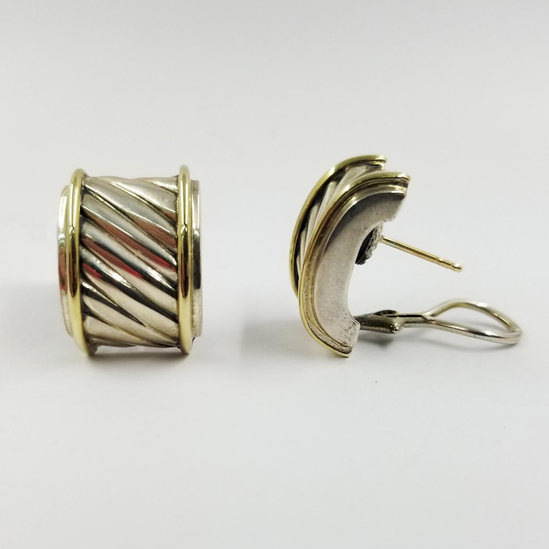 David Yurman Two Tone Thoroughbred Stud Earrings crafted in 14 Yellow Gold & Sterling Silver. Supportive Omega clip backs with post. Rectangular Cable Design. 
