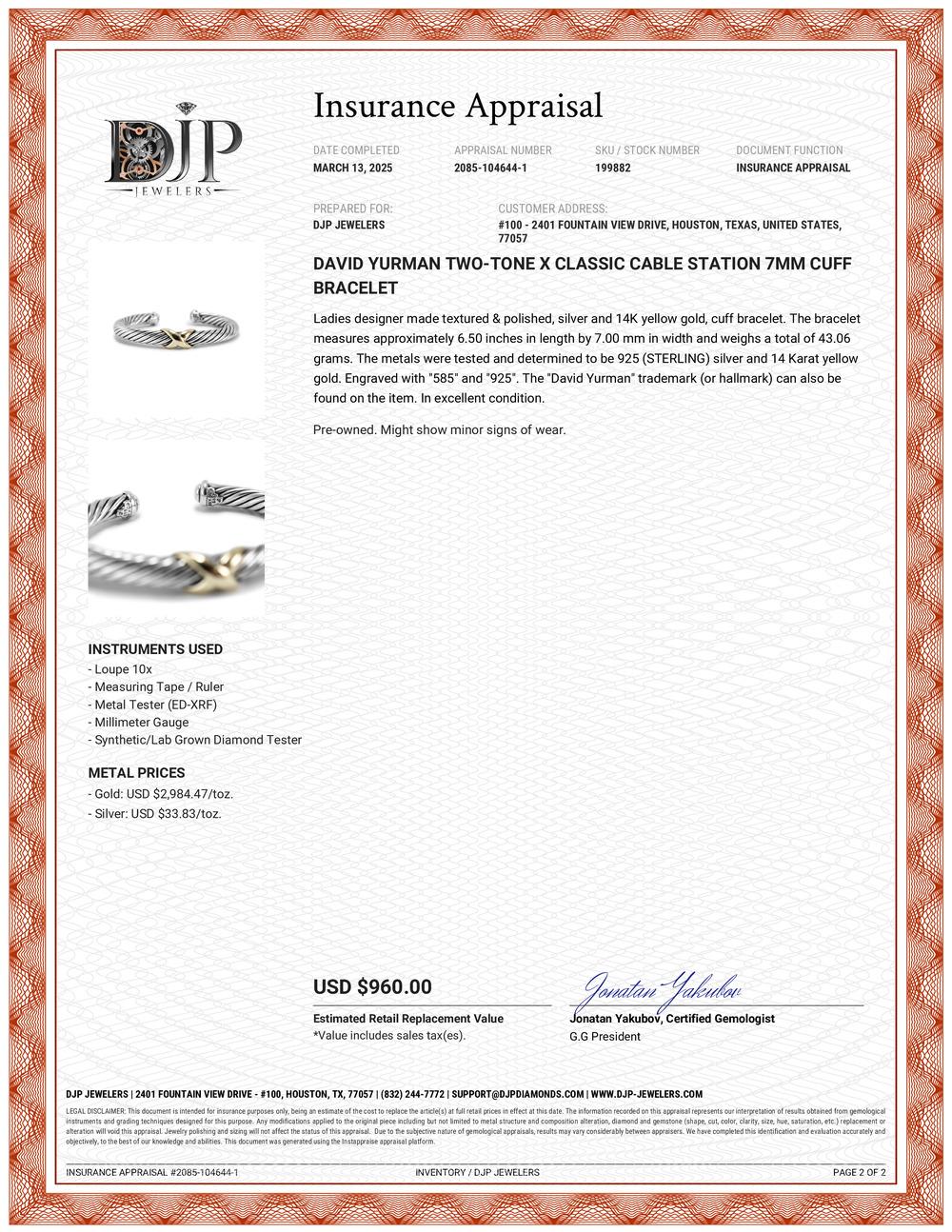 David Yurman Two-Tone X Classic Cable Station 7MM Cuff Bracelet For Sale 3