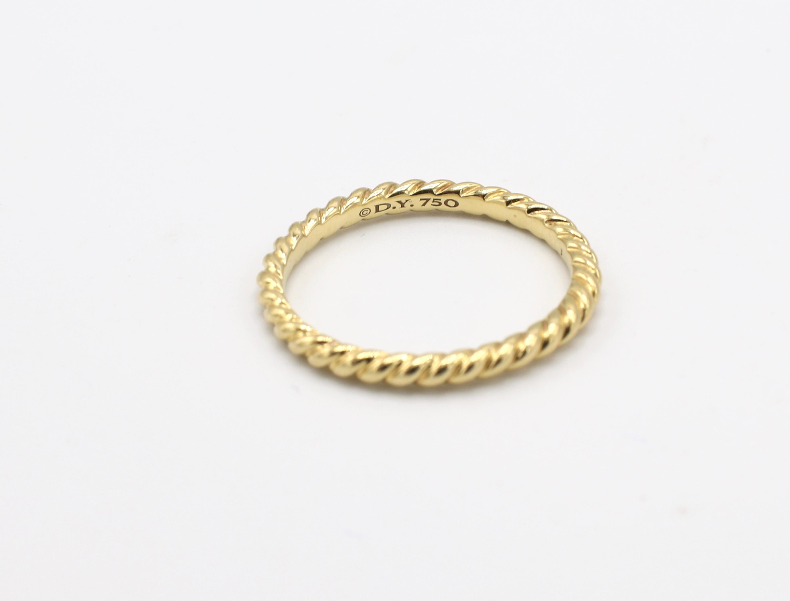 David Yurman Unity Cable Wedding Band Ring in 18K Gold, 2mm

Metal: 18k yellow gold
Weight: 2.40 grams 
Band is 2mm wide
Signed: D.Y. 750
Size: 7.75 (US)
Retail: $595 USD 