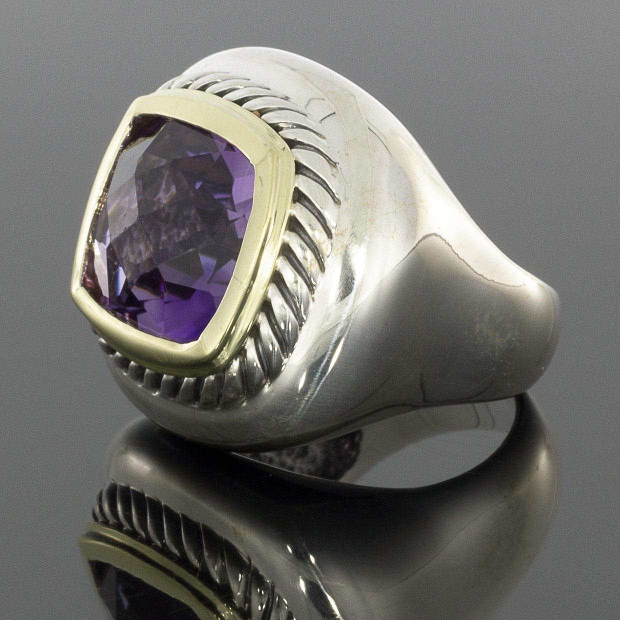 Item Details:
Estimated Retail - $1,350.00
Brand - David Yurman
Collection - Albion
Metal - 14 Karat Yellow Gold & 925 Sterling Silver
Style - Cocktail Ring
Ring Size - 6.50
Sizable - Yes
Width - 5.35 mm
Colored Stone Color - Purple

Stone 1