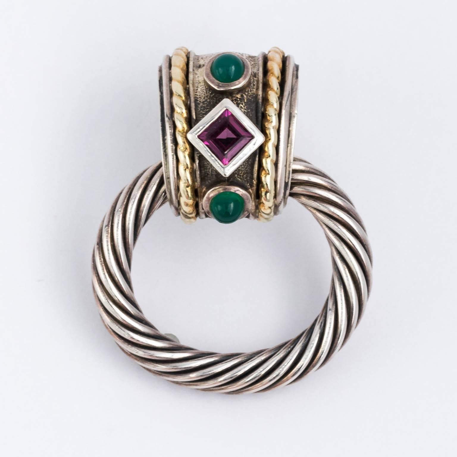 David Yurman Vintage Cable Doorknocker Earrings with Amethyst-Emerald Stones 2