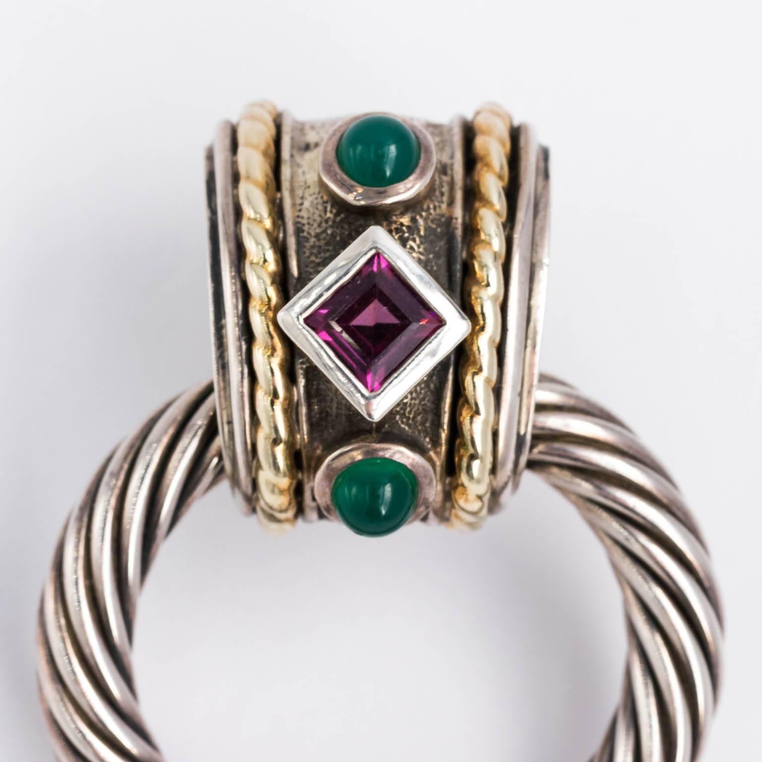 David Yurman cable 14 karat and sterling silver earrings door knocker style-Amethyst and Emerald cabochon-Fabulous vintage look. Omega backs.
