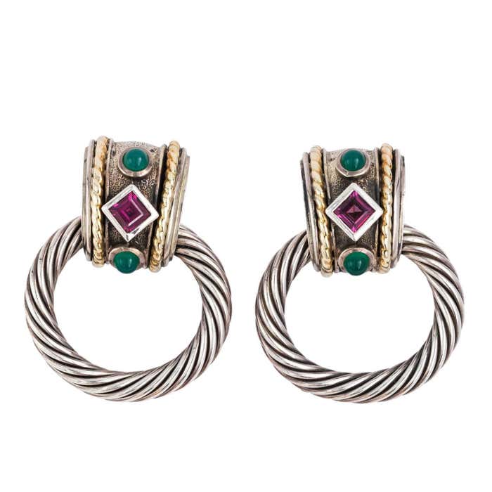 David Yurman Vintage Cable Doorknocker Earrings with Amethyst-Emerald ...