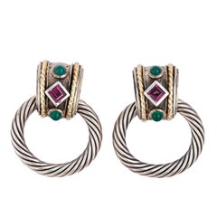 David Yurman Vintage Cable Doorknocker Earrings with Amethyst-Emerald Stones
