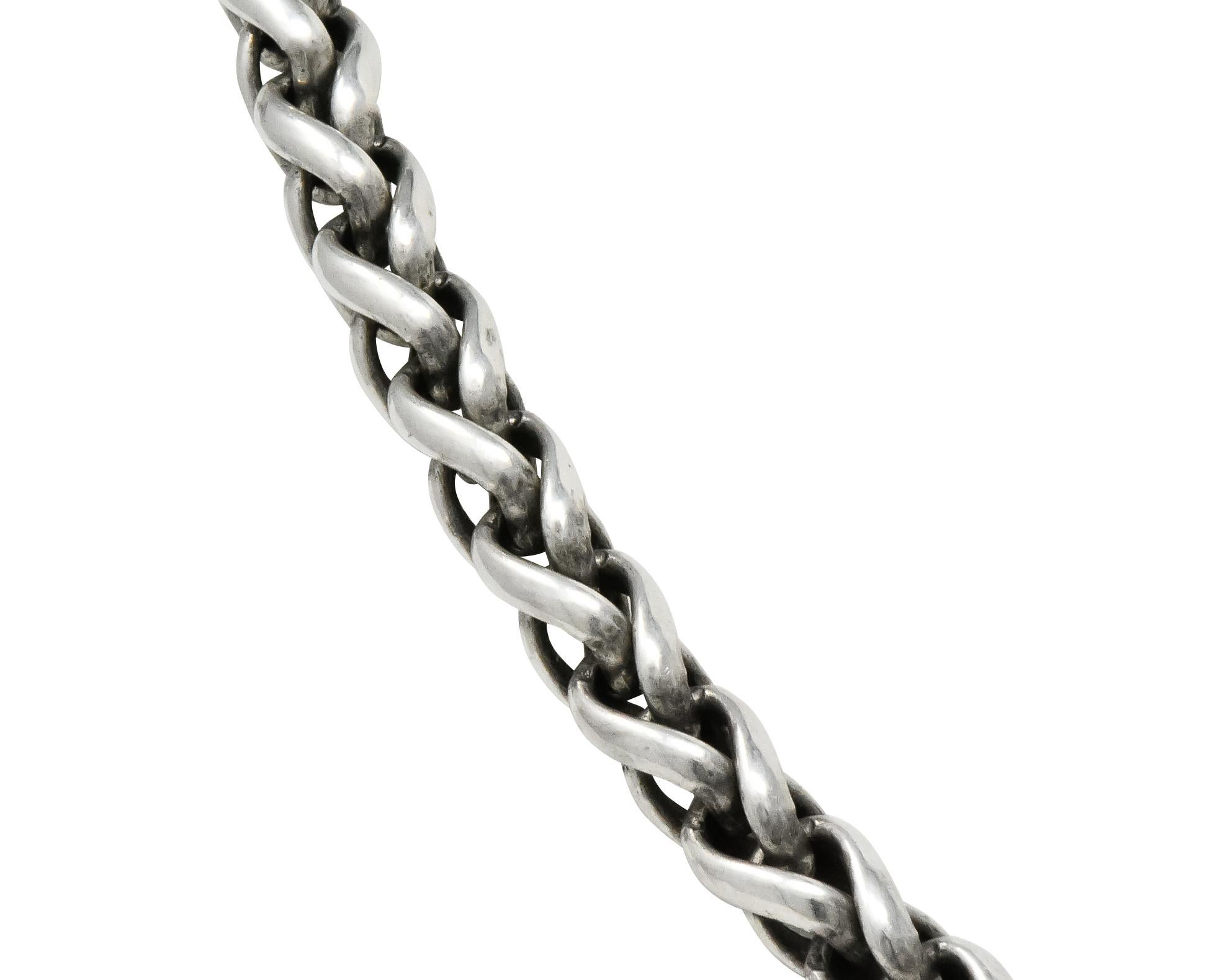 Featuring a thick sterling silver wheat chain with ribbed terminals and gold details

Completed by lobster clasp

Maker's mark for David Yurman with 14k and 925 stamps for 14 karat gold and sterling silver, respectively

Length: 16 inches

Width: