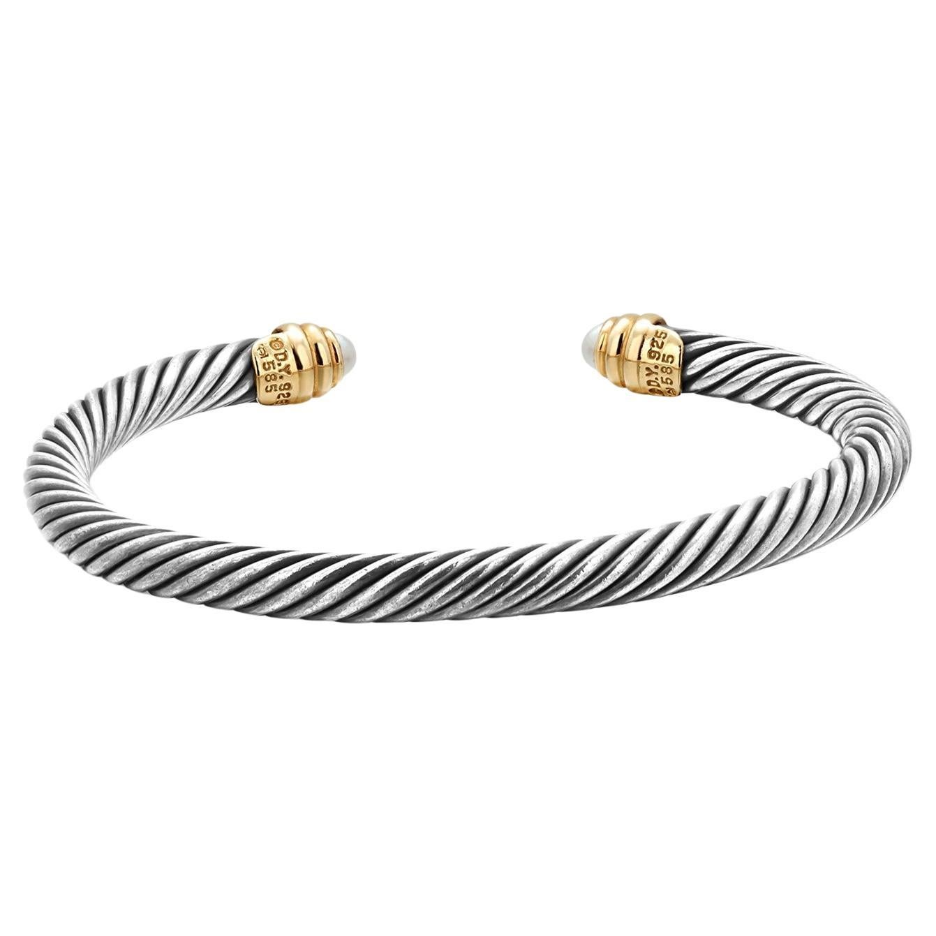 David Yurman Vintage Sterling Silver 14 Karat Yellow Gold Pearl Cable Bracelet