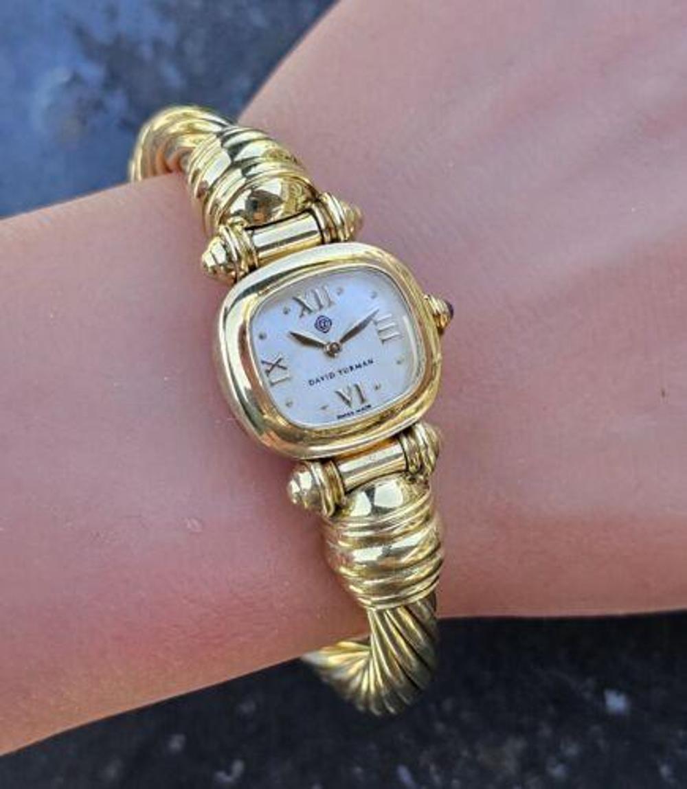 David Yurman watch 18k Yellow Gold Mother Pearl Dial 7mm Cable Bracelet Cuff For Sale 5