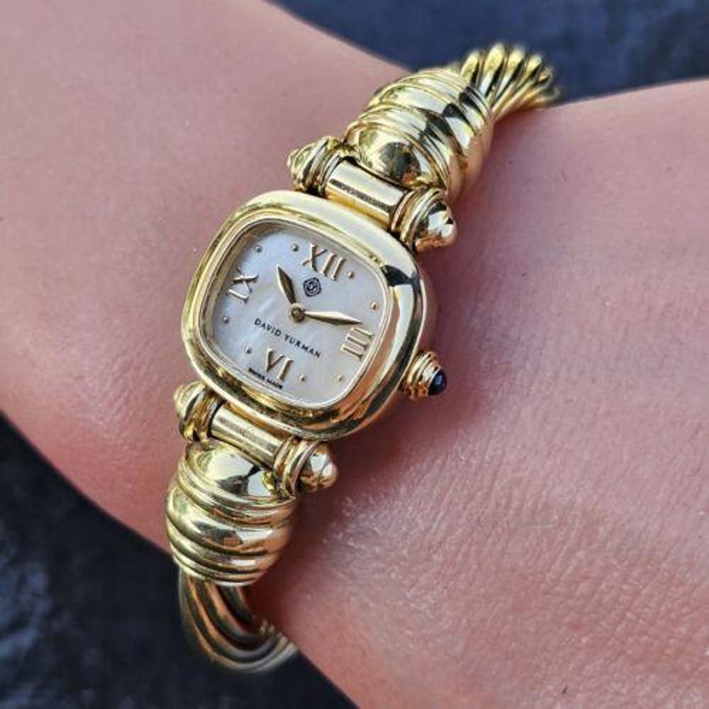 David Yurman watch 18k Yellow Gold Mother Pearl Dial 7mm Cable Bracelet Cuff For Sale 6