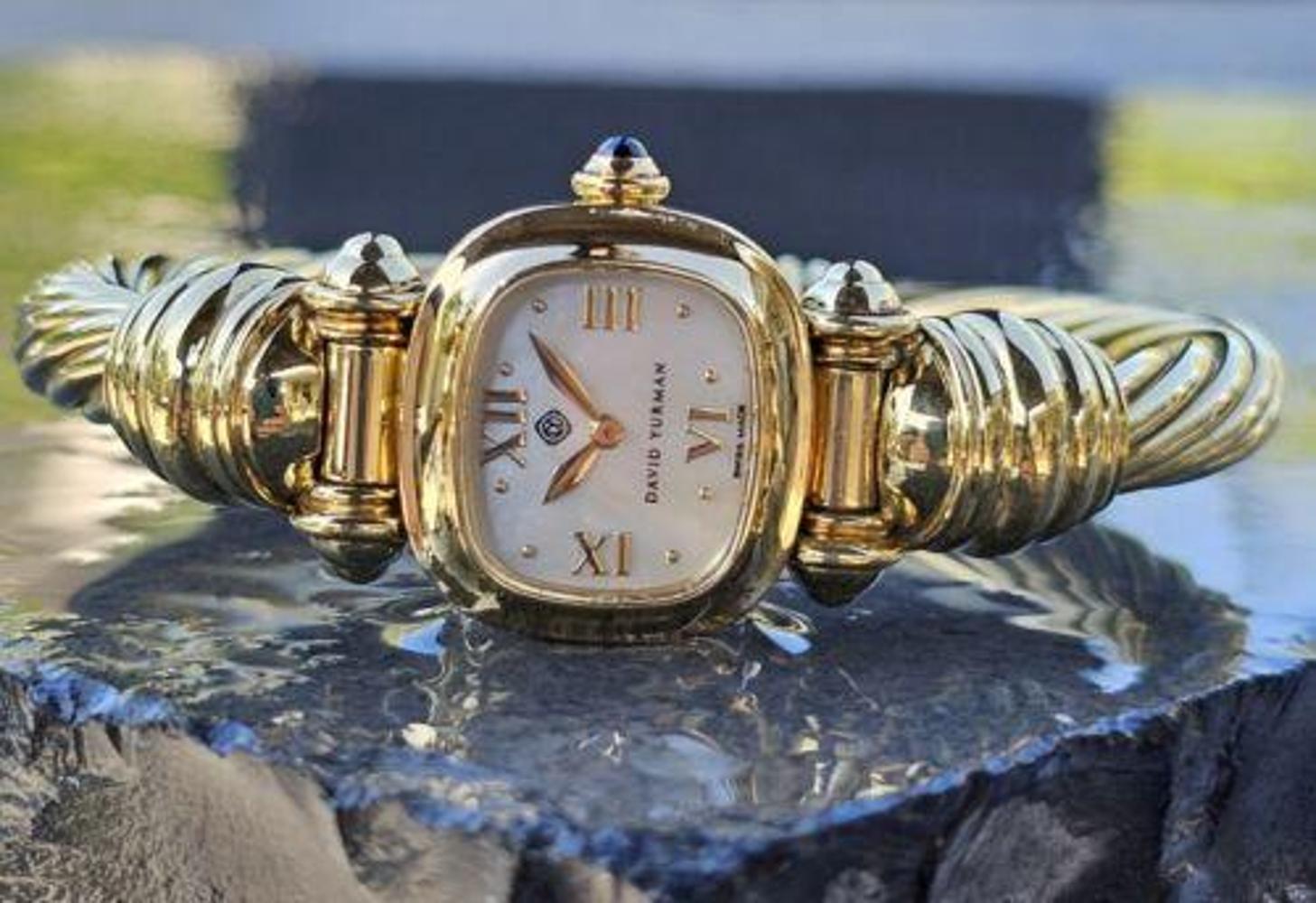 Round Cut David Yurman watch 18k Yellow Gold Mother Pearl Dial 7mm Cable Bracelet Cuff For Sale