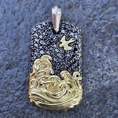 David Yurman Waves Dog Tag Pendant Black Diamond 18k Gold Sterling Silver 3900