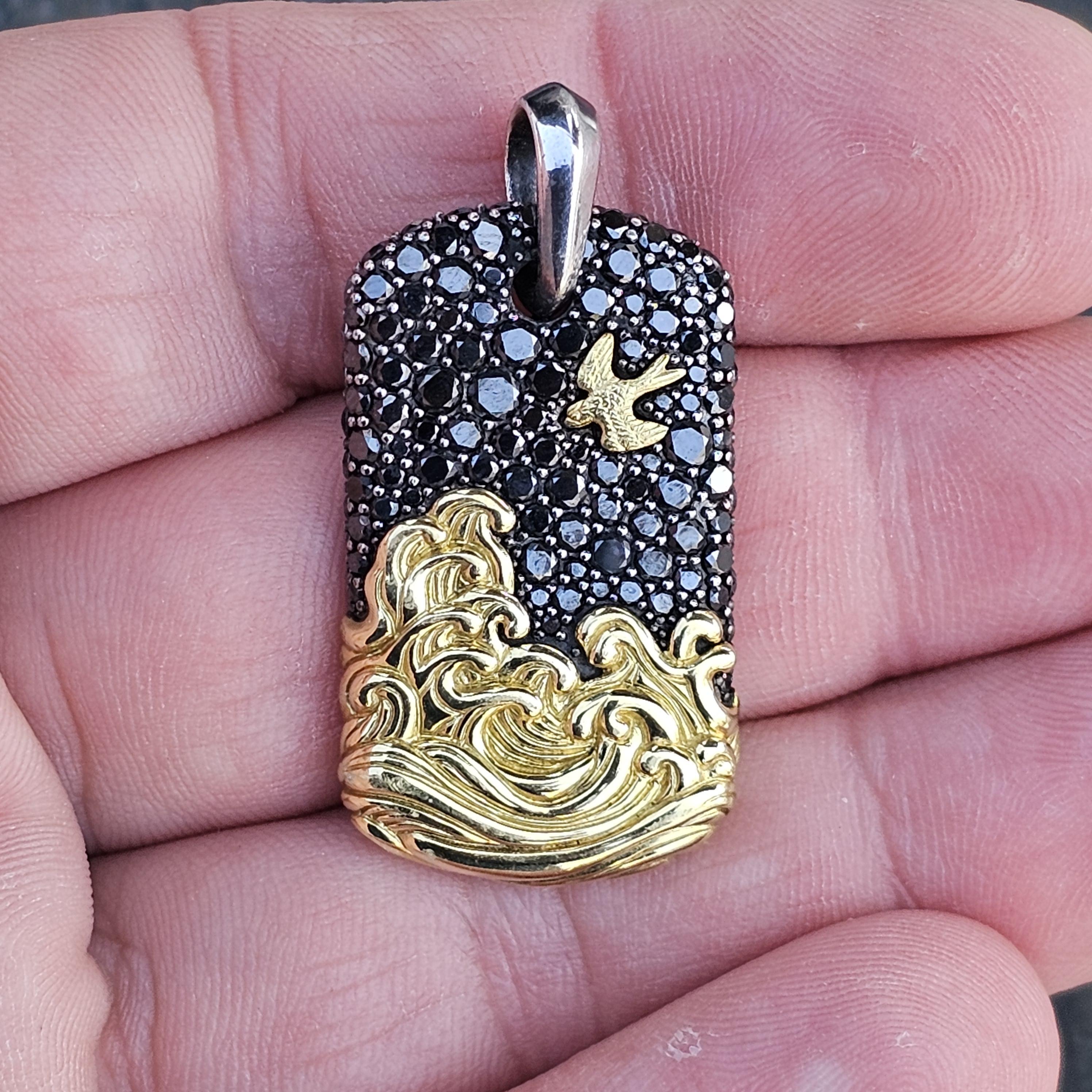 David Yurman Waves Dog Tag Pendant Black Diamond 18k Gold Sterling Silver 3900 In Good Condition In Northbrook, IL
