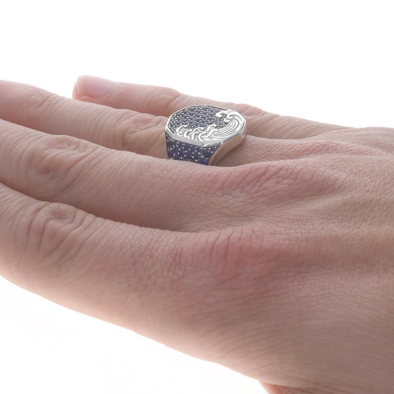 David Yurman Waves Signet Saphir Herrenring - Sterling Silber 925 Ozean Meer im Zustand „Gut“ in Greensboro, NC