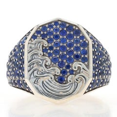 David Yurman Waves Signet Saphir Herrenring - Sterling Silber 925 Ozean Meer