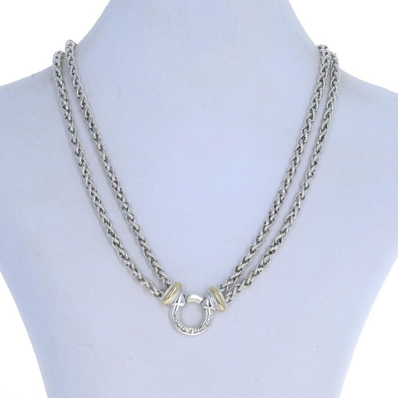 Brand: David Yurman

Metal Content: Sterling Silver & 18k Yellow Gold

Chain Style: Wheat
Necklace Style: Double Strand
Fastening Type: Locking Snap Clasp

Measurements

Length: 15 3/4