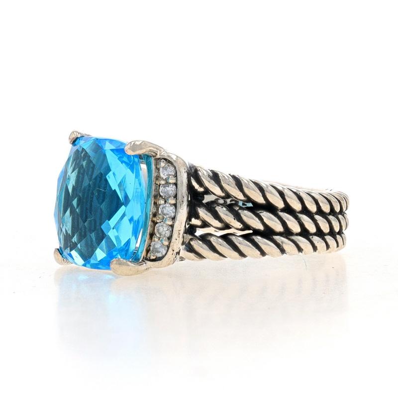 Size: 6
Sizing Fee: Up 1 size for $30 or Down 1/2 a size for $30

Brand: David Yurman
Collection: Wheaton

Metal Content: Sterling Silver

Stone Information
Natural Blue Topaz
Treatment: Routinely Enhanced
Cut: Rectangular Cushion Checkerboard
Size: