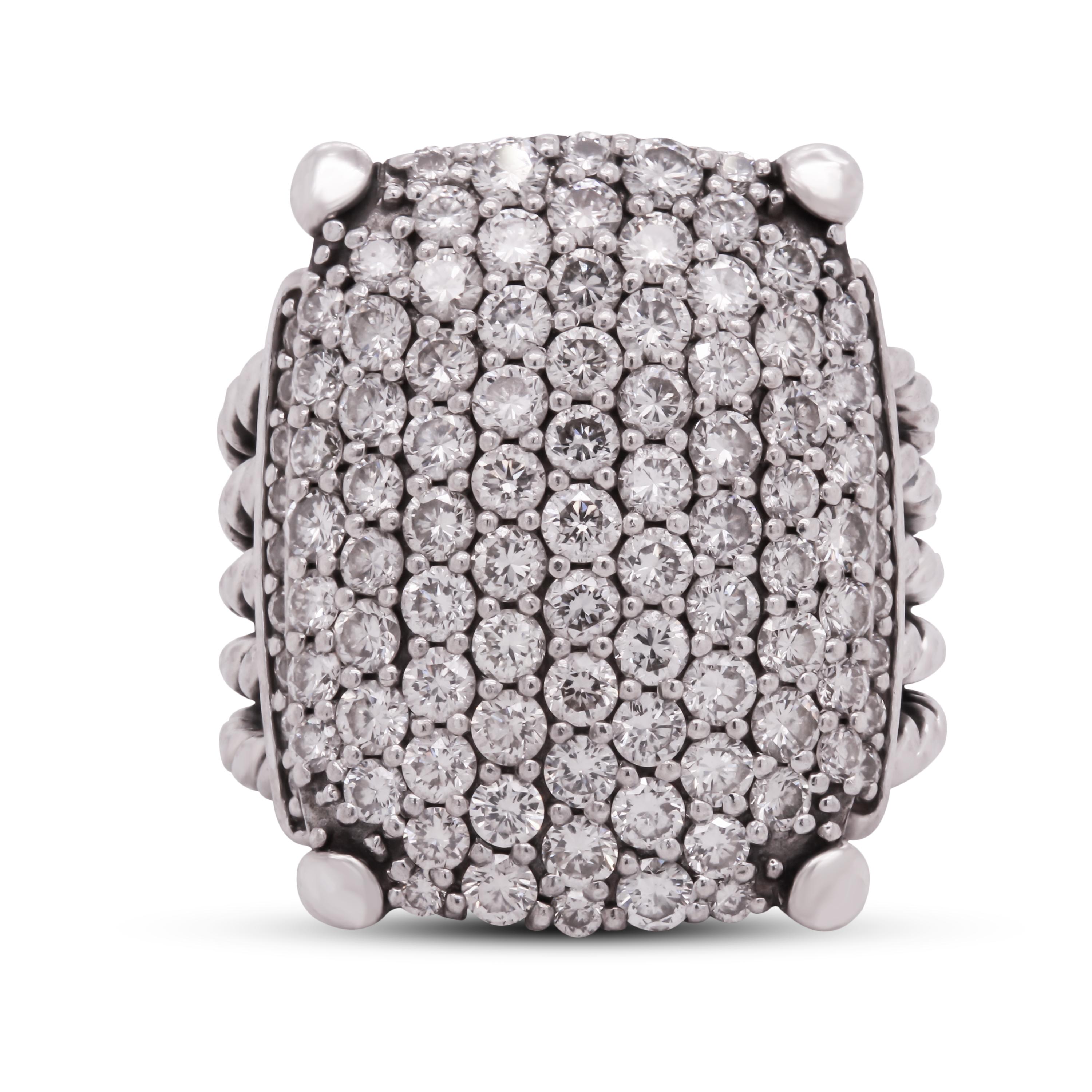 David Yurman Wheaton Collection Diamond Sterling Silver Cocktail Ring

Apprx. 1.12carat G-H, VS-SI clarity diamonds total weight

Ring retails for $2,950. 

Excellent condition.

Ring face measures 0.86 inch width.

Size 6, sizable by
