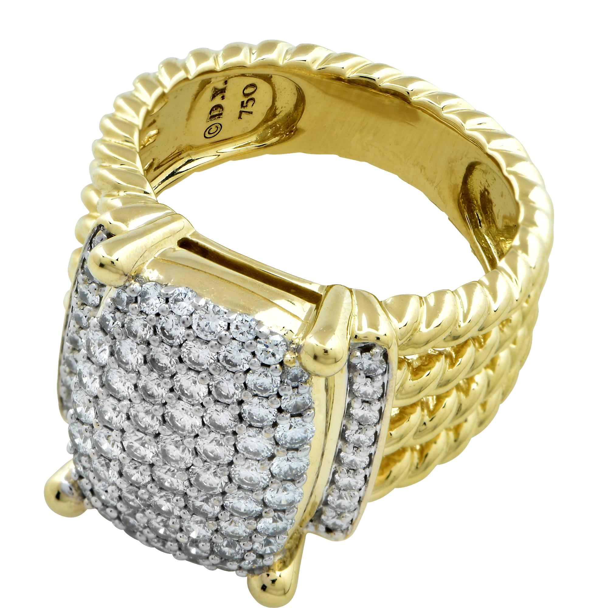 Striking David Yurman Wheaton ring with Diamonds in 18K Yellow Gold. This gorgeous ring has a face measuring 16mm by 12mm pave’ set with 80 diamonds weighing 1.13 ctw. The band of the ring consists of four twisted yellow gold rope bands, inspired by