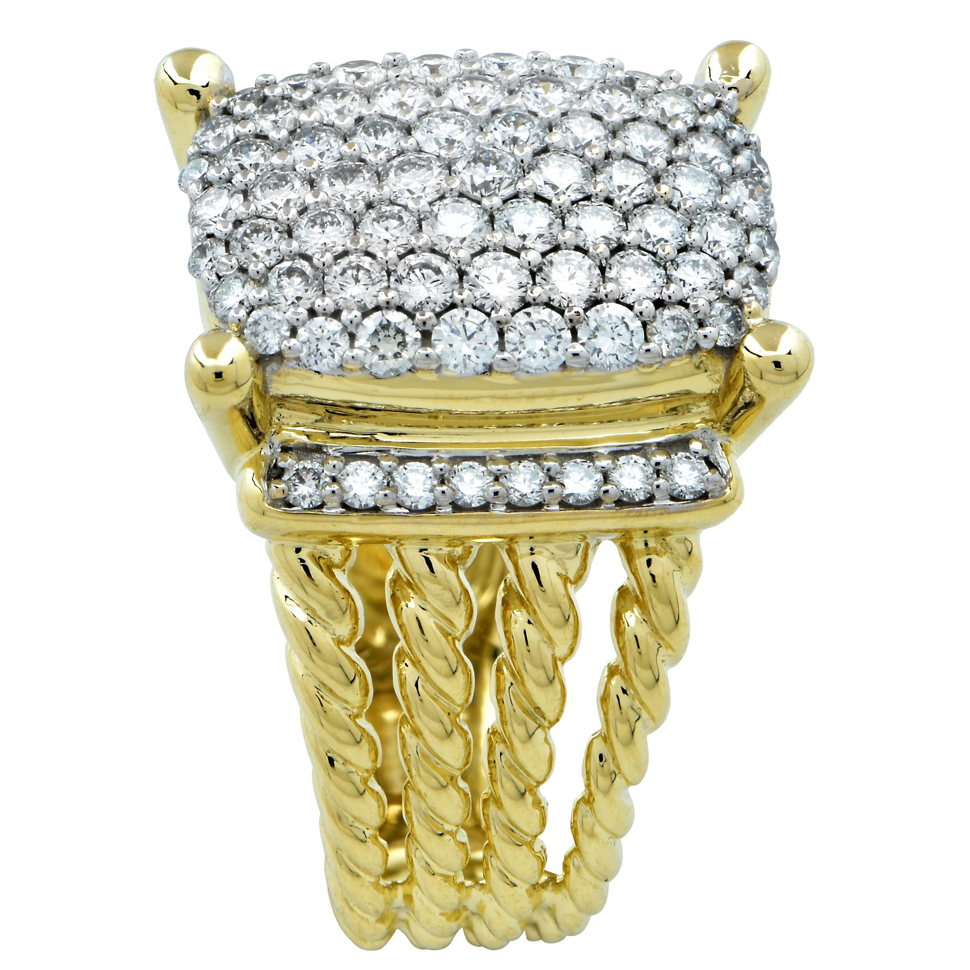 Striking David Yurman Wheaton ring with Diamonds in 18K Yellow Gold. This gorgeous ring has a face measuring 16mm by 12mm pave’ set with 80 diamonds weighing 1.13 ctw. The band of the ring consists of four twisted yellow gold rope bands, inspired by