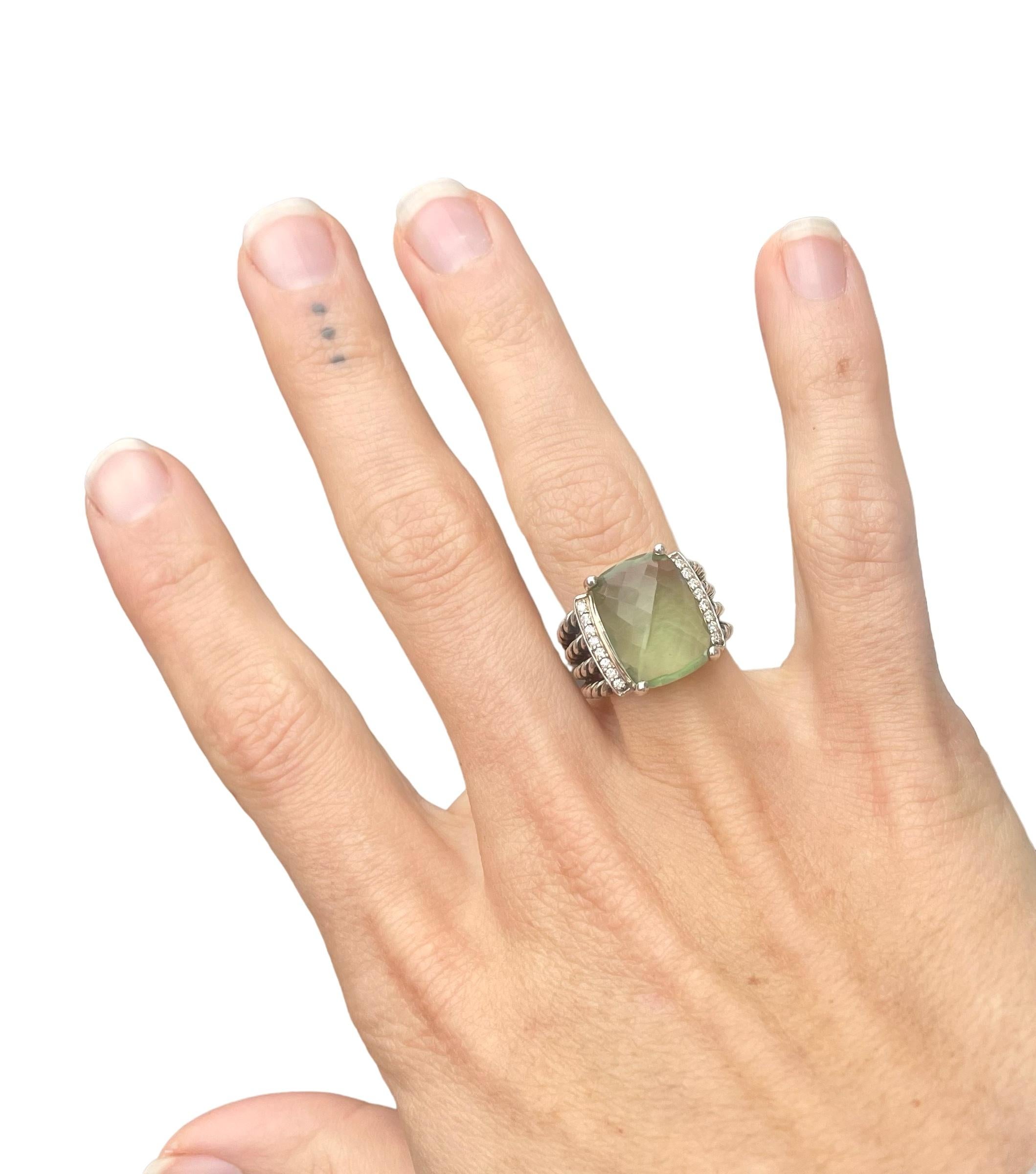 David Yurman Wheaton Ring with Prasiolite and Diamonds

A beautiful David Yurman ring with the signature cable motif strands, Pave diamonds and a beautiful prasiolite stone (a rare green quartz) 