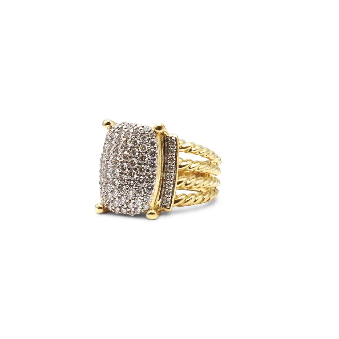 Authentischer David Yurman Wheaton Ring aus 18 Karat Gelbgold. Das Design des Rings ist vom fließenden Rhythmus und der anmutigen Linie des ungeernteten Weizens inspiriert. Der Ring ist mit runden Diamanten im Brillantschliff mit einem geschätzten