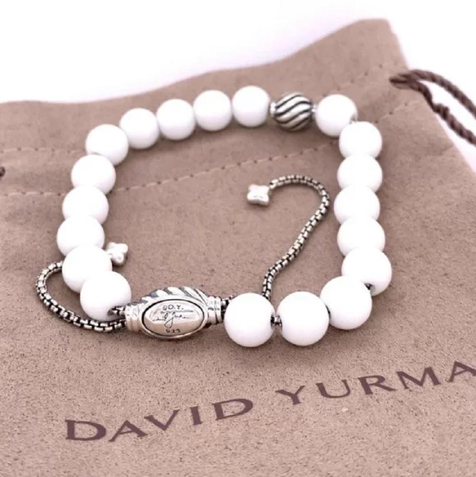 Round Cut David Yurman White Agate Sterling Silver Spiritual Wave Bead Bracelet For Sale
