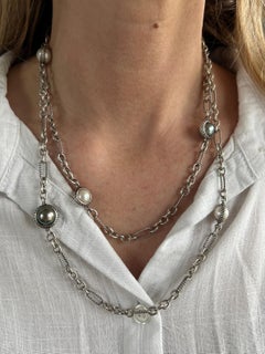 David Yurman White and Grey Pearl Sterling Silver Chain Station Necklace