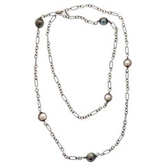 David Yurman White and Grey Pearl Sterling Silver Chain Station Necklace