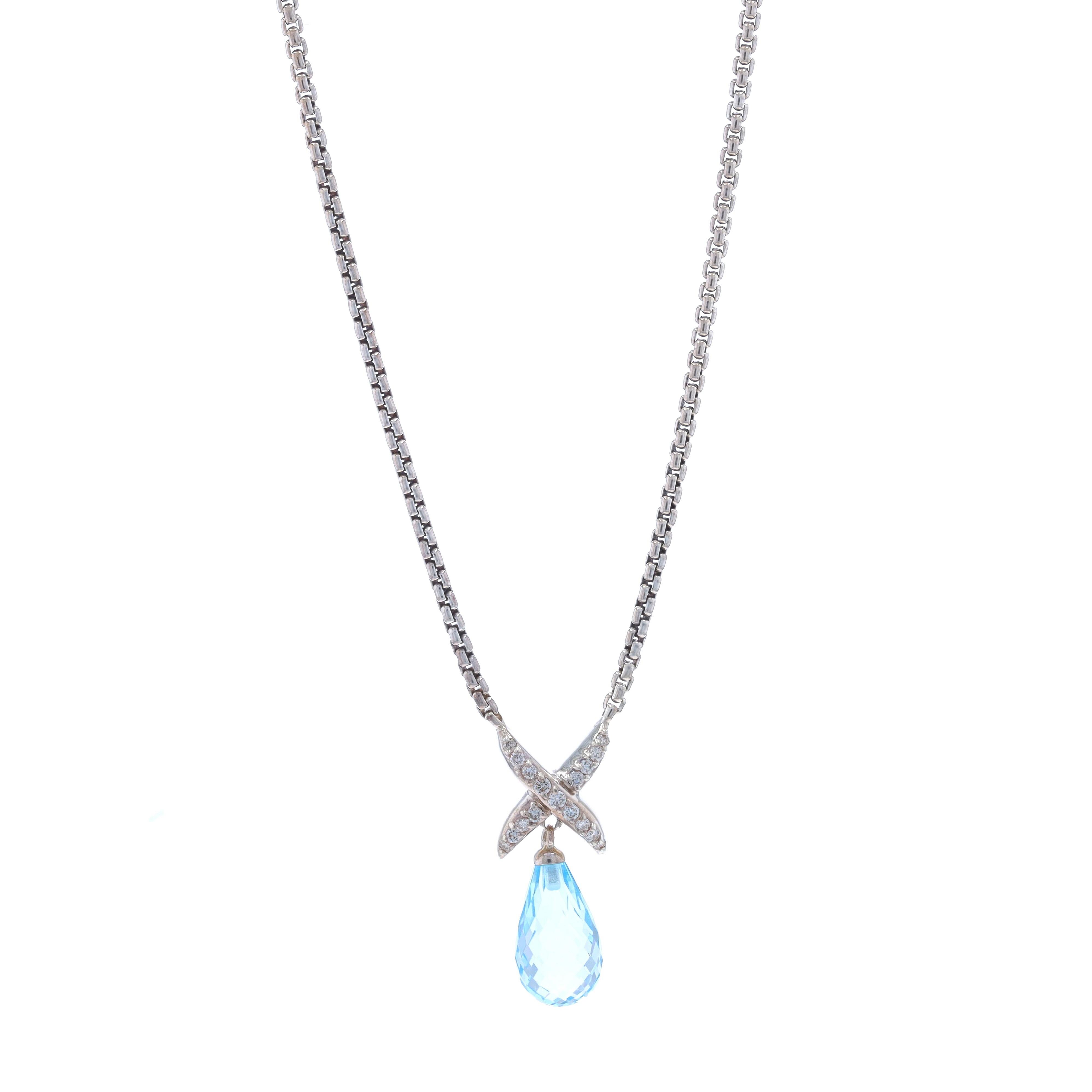 Brand: David Yurman
Collection: X

Metal Content: Sterling Silver

Stone Information

Natural Topaz
Treatment: Routinely Enhanced
Cut: Briolette
Color: Blue

Natural Diamonds
Carat(s): .15ctw
Cut: Round Brilliant

Total Carats: .15ctw

Chain Style: