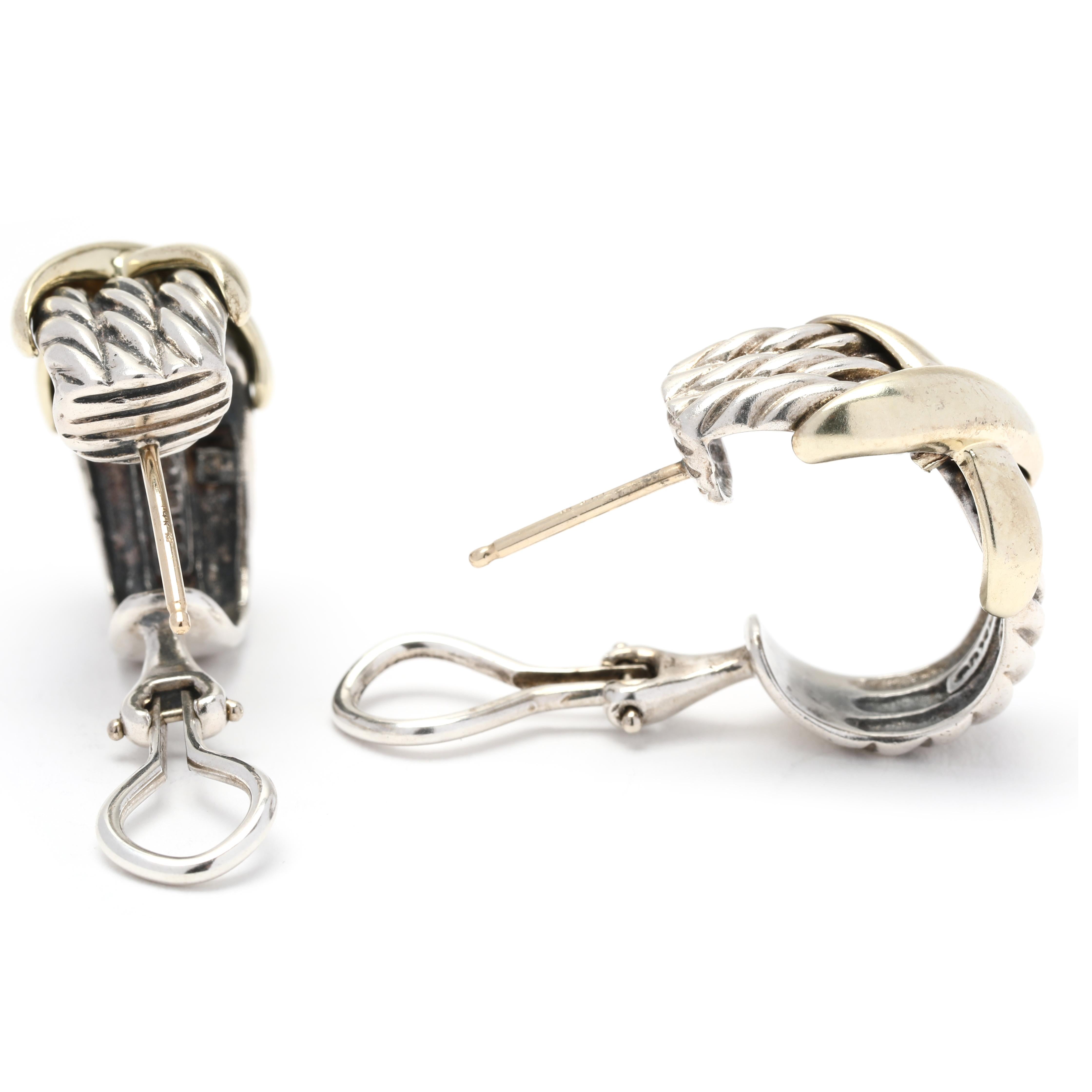 These David Yurman X Cable J Hoop Earrings are a stunning combination of 14K yellow gold and sterling silver. The two-tone design adds a modern and sophisticated touch to the classic hoop earring style. With a length of 3/4 inch, they are perfect
